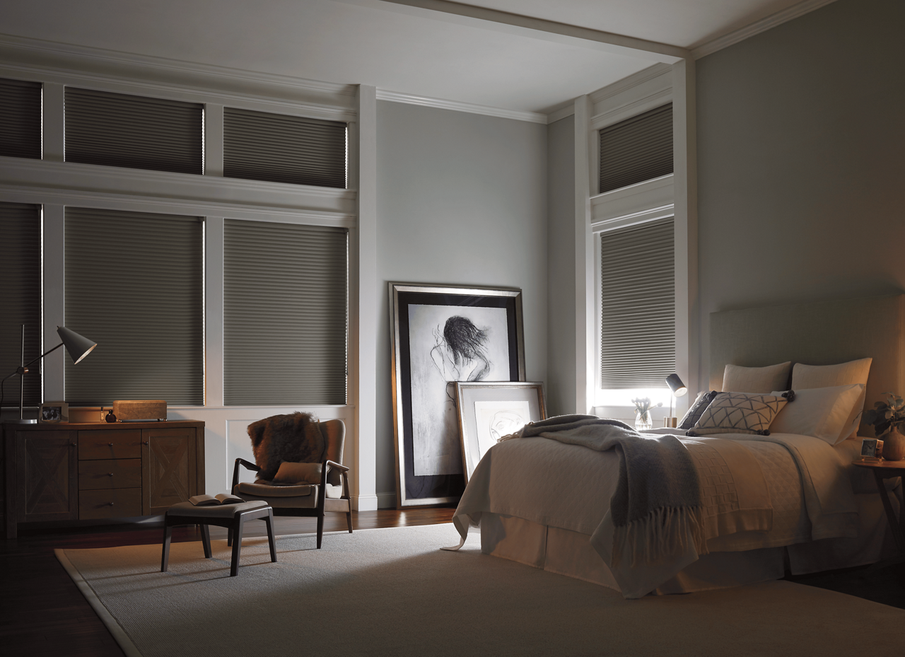 Large, dimly lit bedroom with large windows featuring dark fabric blinds for dramatic lighting. 